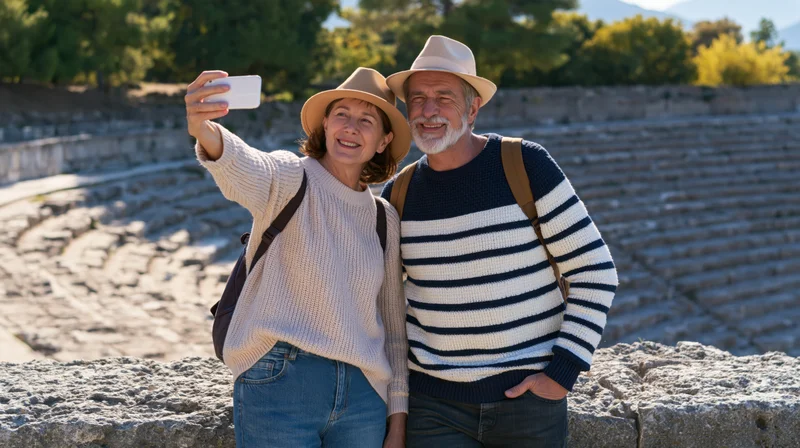Senior couple taking a selfie with smartphone at ancient stone amphitheater ruins