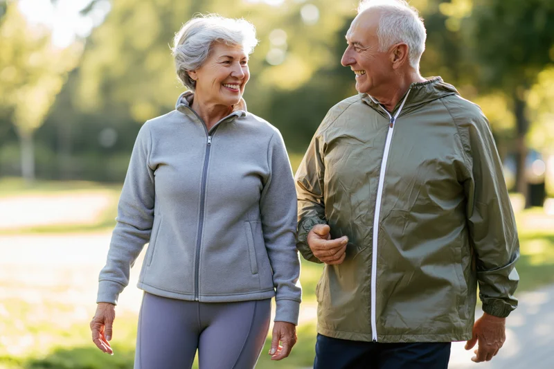 Senior couple walking side by side in a park smiling at each other
