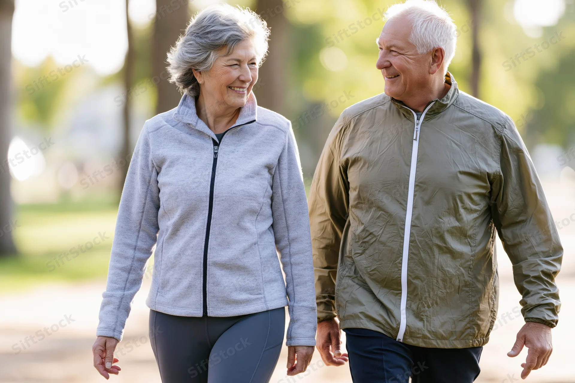 Senior couple walking side by side in a park smiling at each other