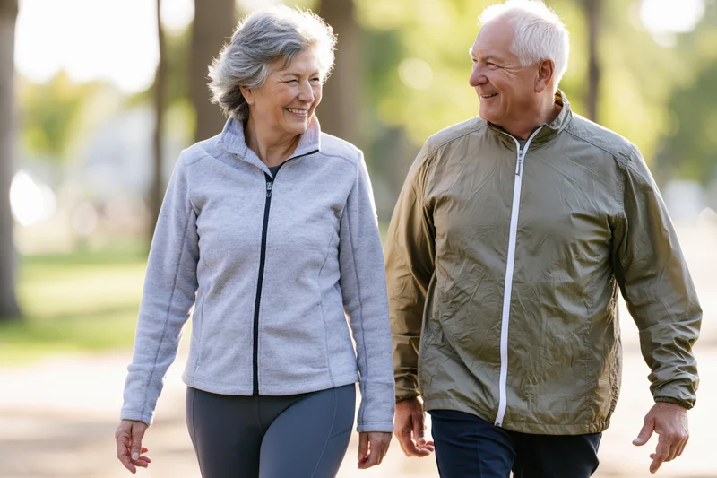 Senior couple walking side by side in a park smiling at each other