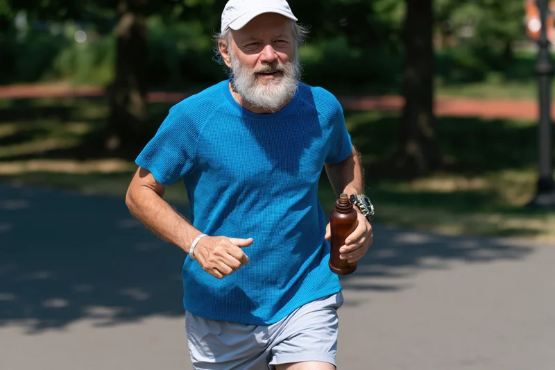 Senior man running on a paved path in a park holding a water bottle