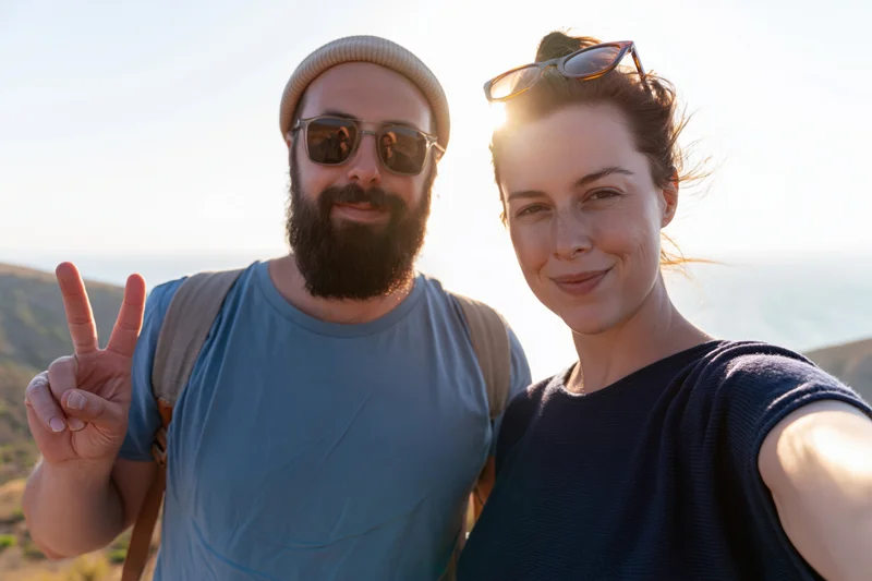 Couple taking selfie outdoors with backpack and sunglasses near beach and mountains