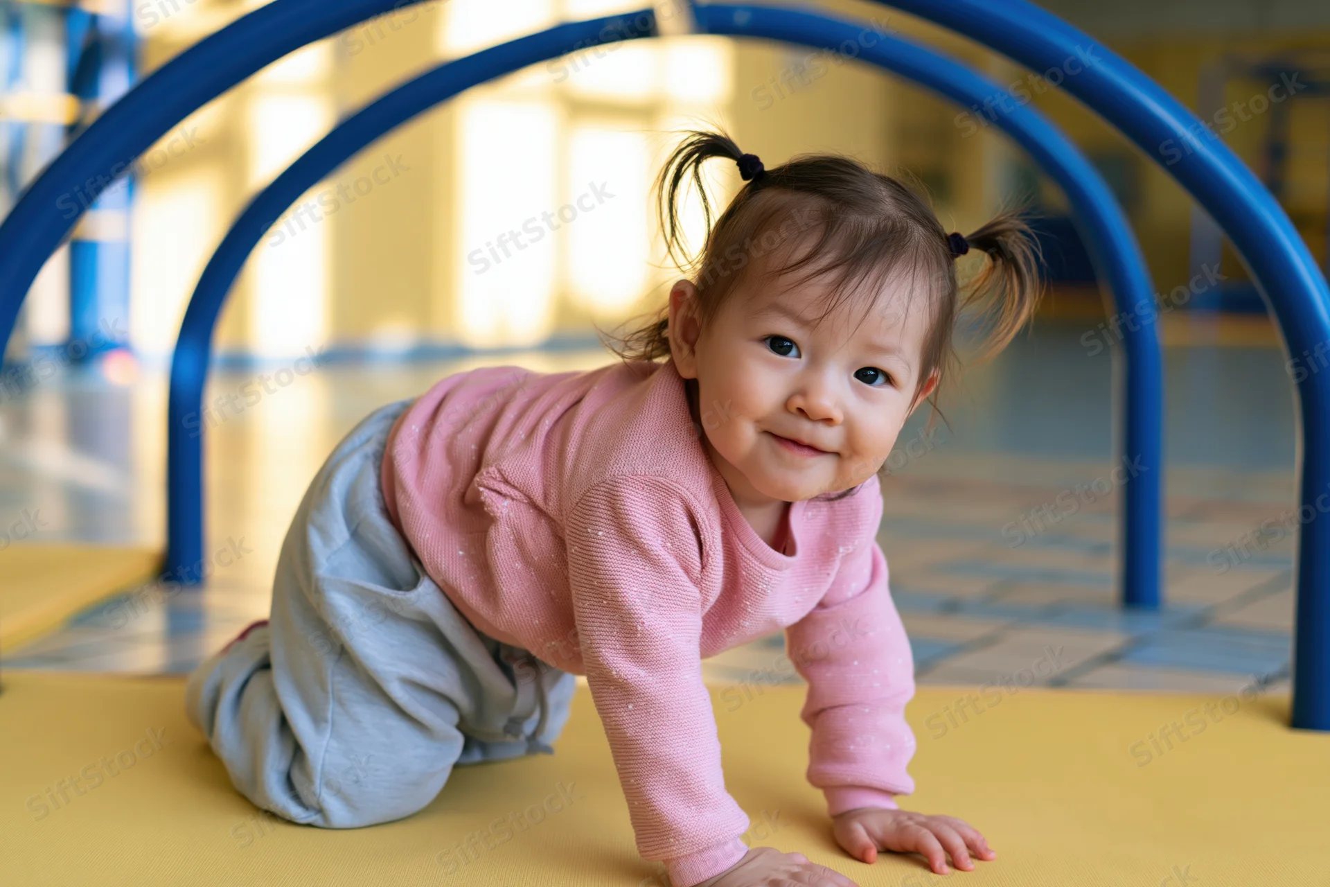 Smiling infant girl crawling on yellow mat under blue play arch indoors