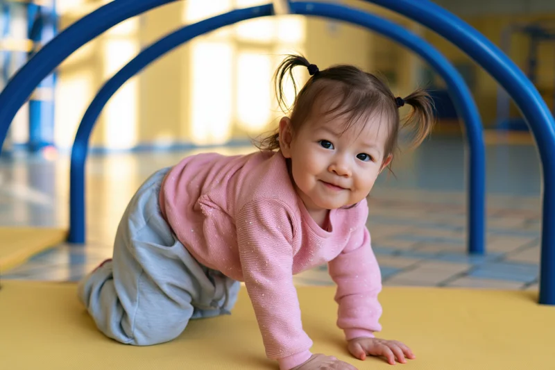 Smiling infant girl crawling on yellow mat under blue play arch indoors