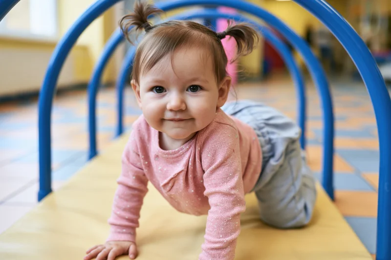 Infant girl crawling through blue play tunnel in indoor play area
