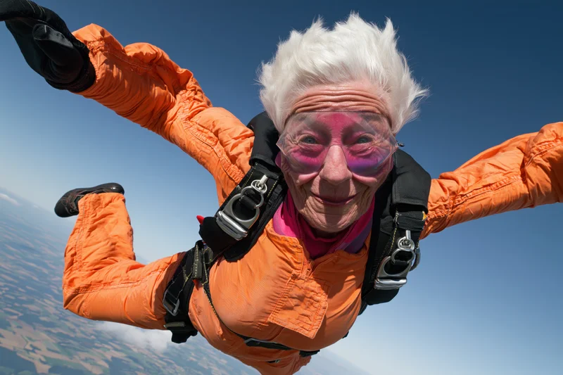 Senior woman skydiving in freefall with arms outstretched, wearing orange jumpsuit and goggles, smiling against blue sky