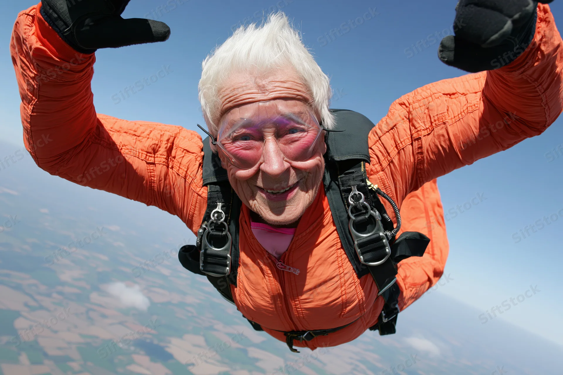 Senior woman smiling during skydiving freefall above rural landscape