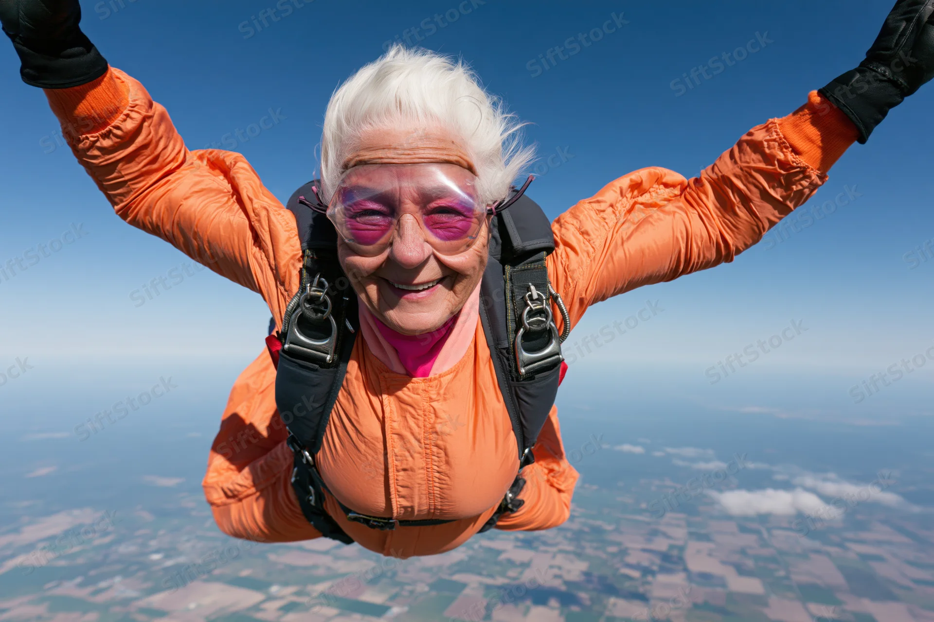 Senior woman smiling with arms out during skydiving freefall above landscape