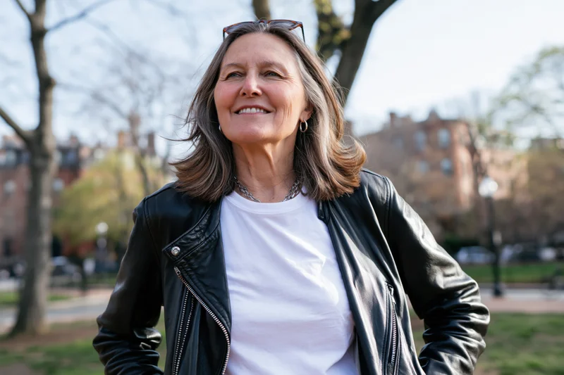 Middle-aged woman smiling outdoors in a park wearing a leather jacket and white t-shirt