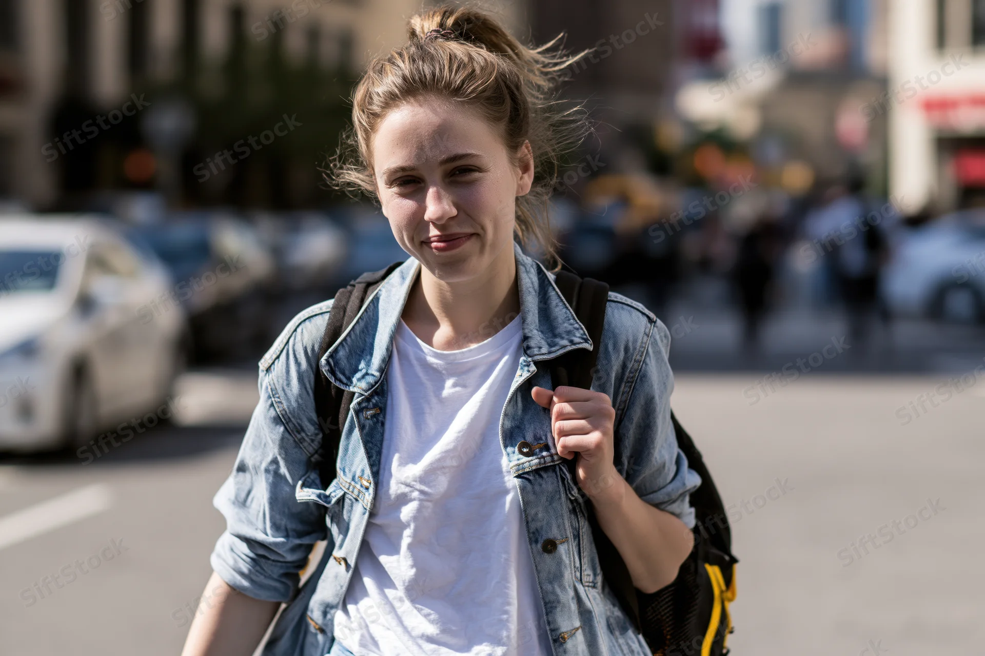Young woman walking on city sidewalk with backpack, smiling, wearing denim jacket and white tshirt