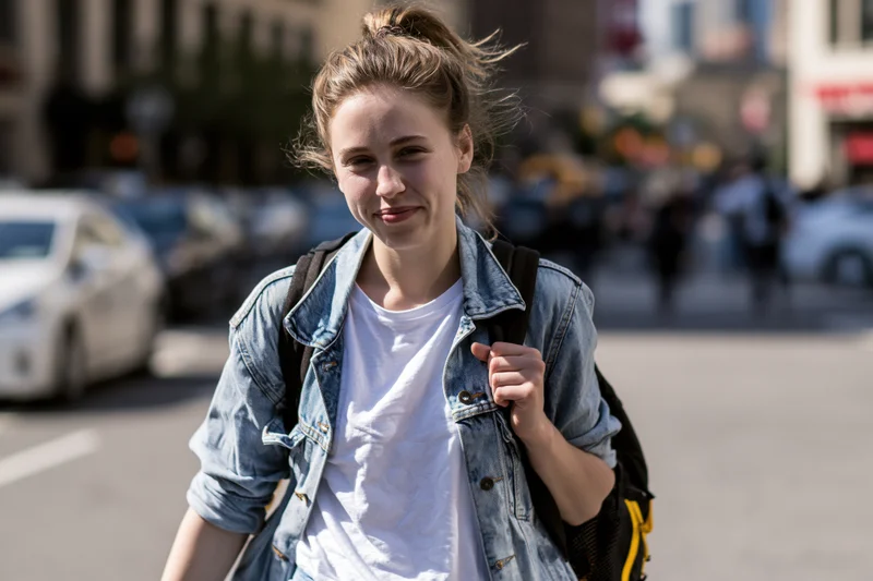 Young woman walking on city sidewalk with backpack, smiling, wearing denim jacket and white tshirt