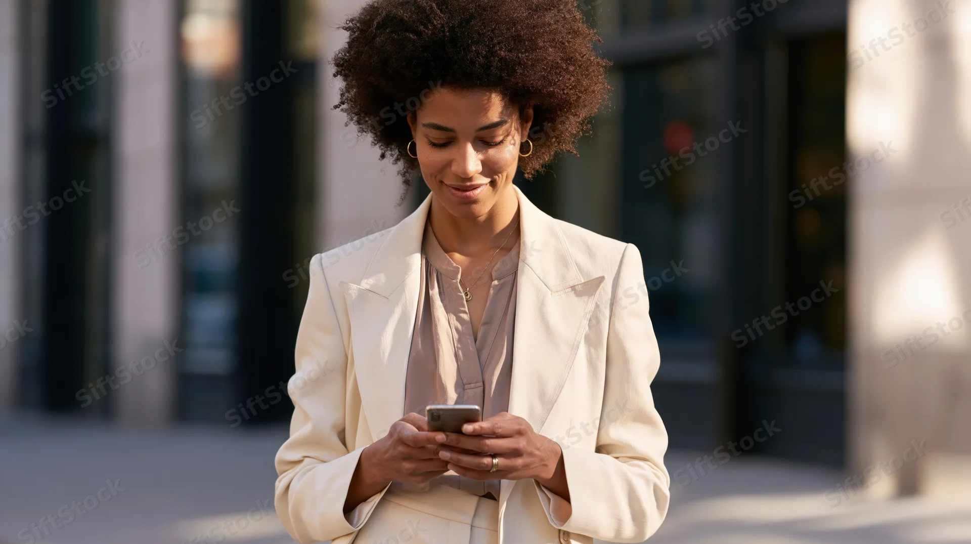 Young african woman in beige blazer smiling while texting on smartphone outdoors on city sidewalk