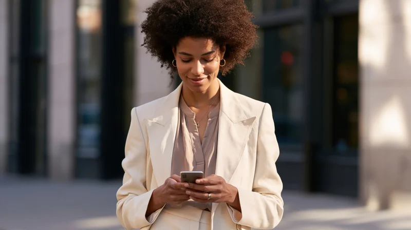 Young african woman in beige blazer smiling while texting on smartphone outdoors on city sidewalk