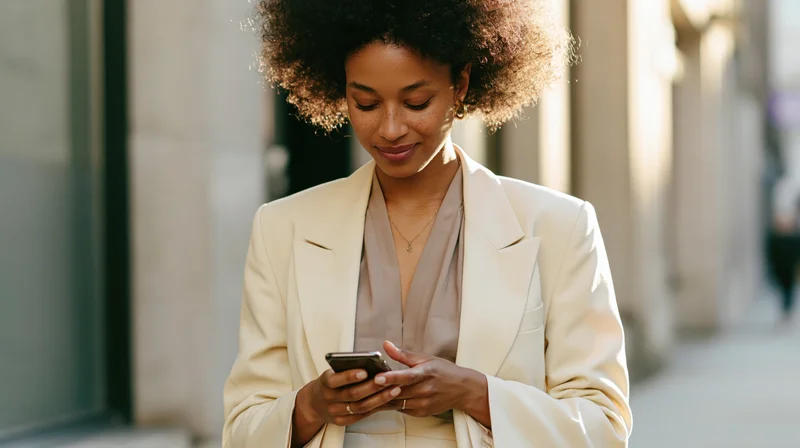 Young woman texting on smartphone while walking on city sidewalk