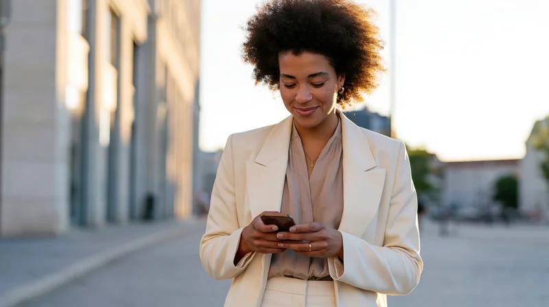 Young woman in beige suit smiling while texting on smartphone outdoors on city sidewalk