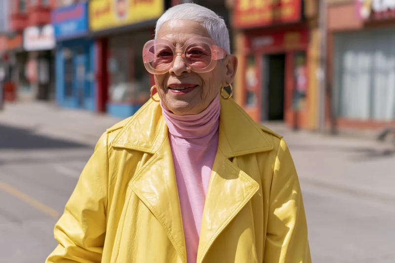 Senior woman smiling in yellow jacket and pink sunglasses on city sidewalk