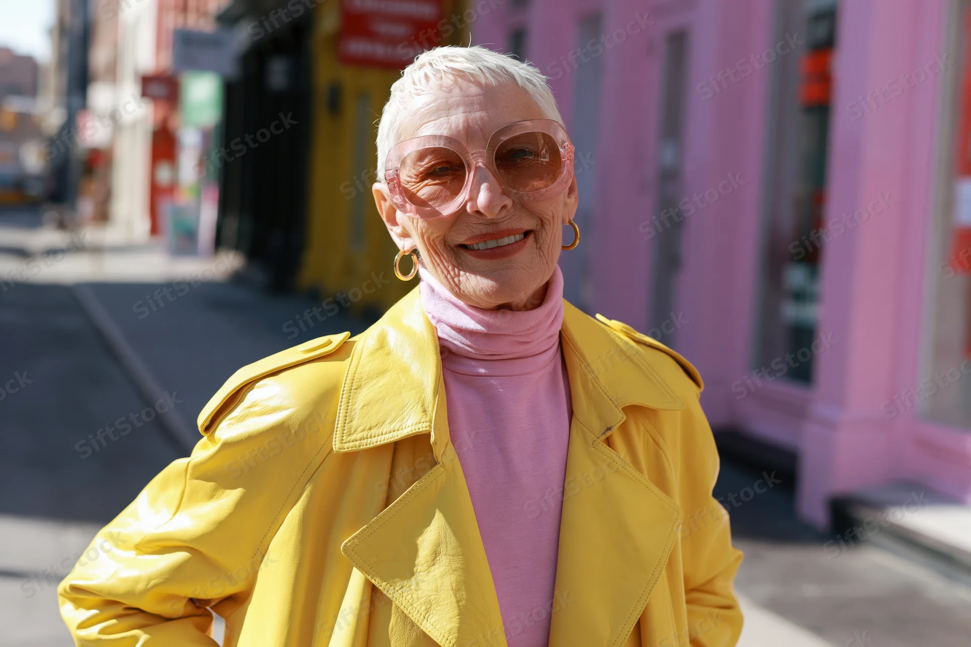 Smiling senior woman in yellow leather jacket and pink turtleneck on city sidewalk
