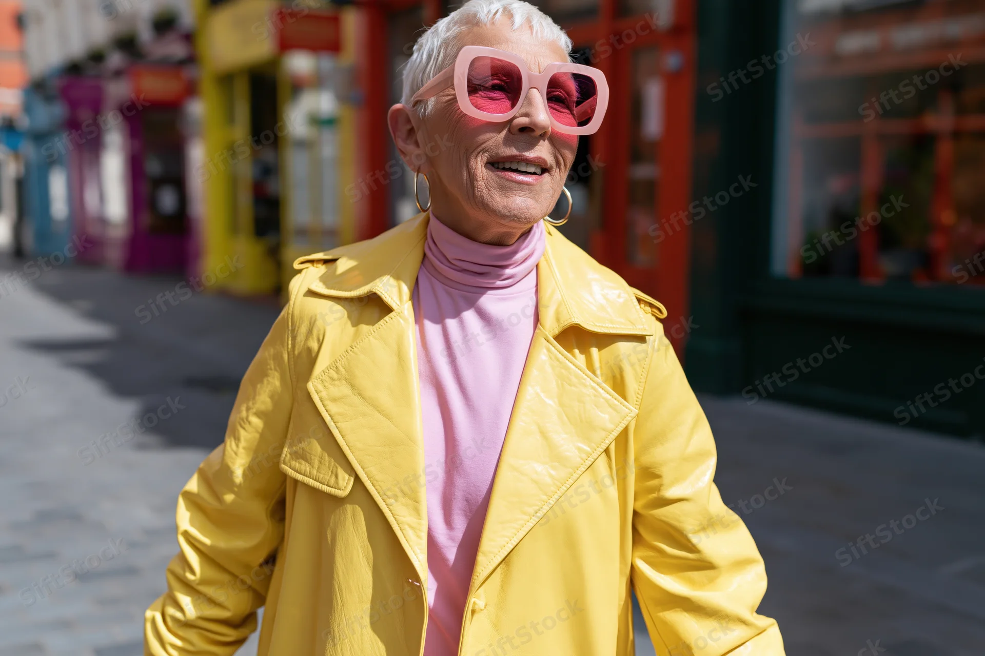 Smiling senior woman in yellow jacket and pink sunglasses walking on city sidewalk