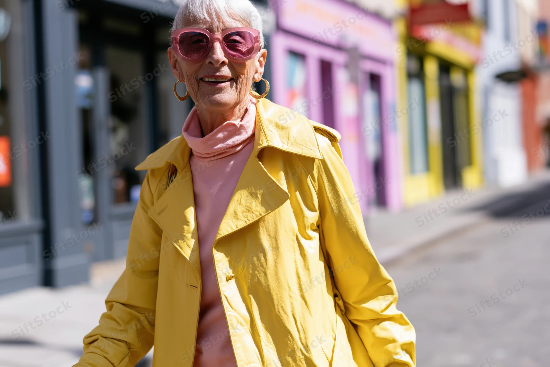 Smiling senior woman in yellow jacket and pink sunglasses walking on city sidewalk