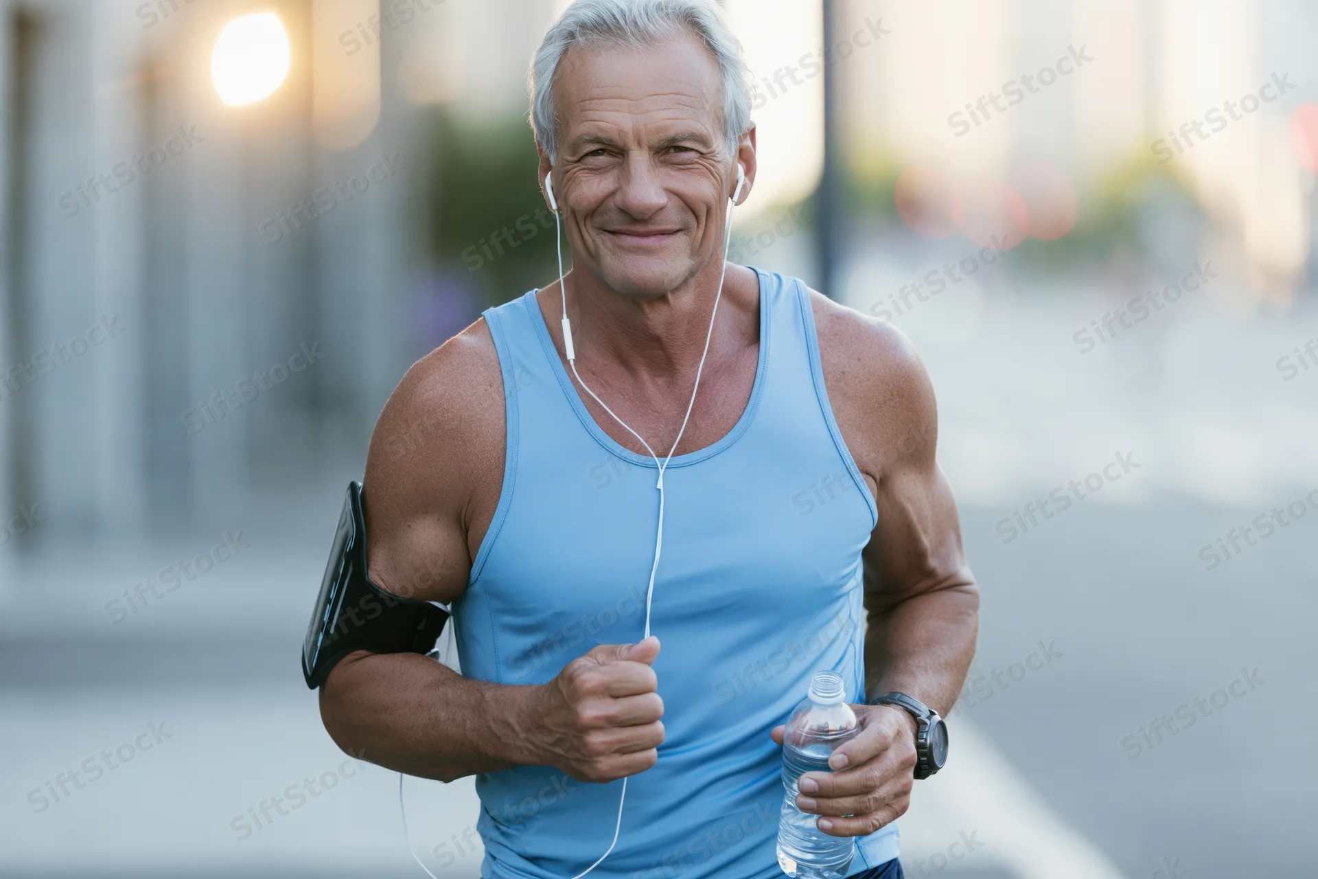 Fit senior man running in the city with earphones and water bottle