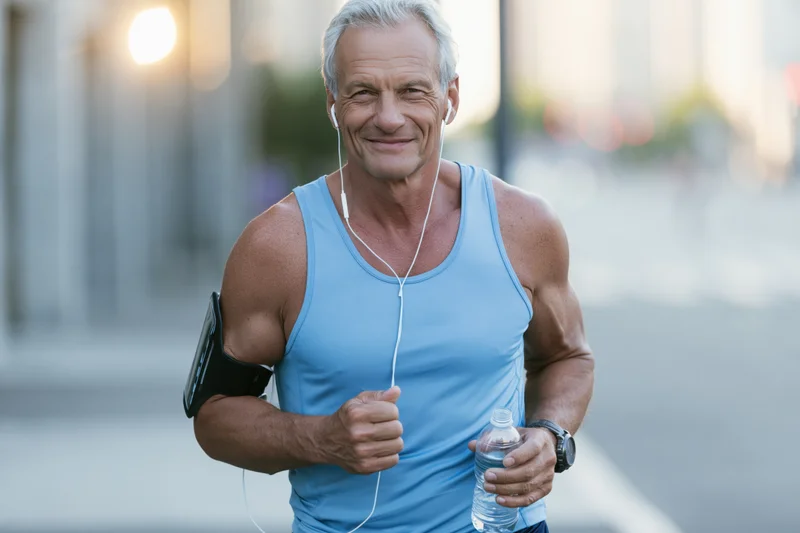 Fit senior man running in the city with earphones and water bottle