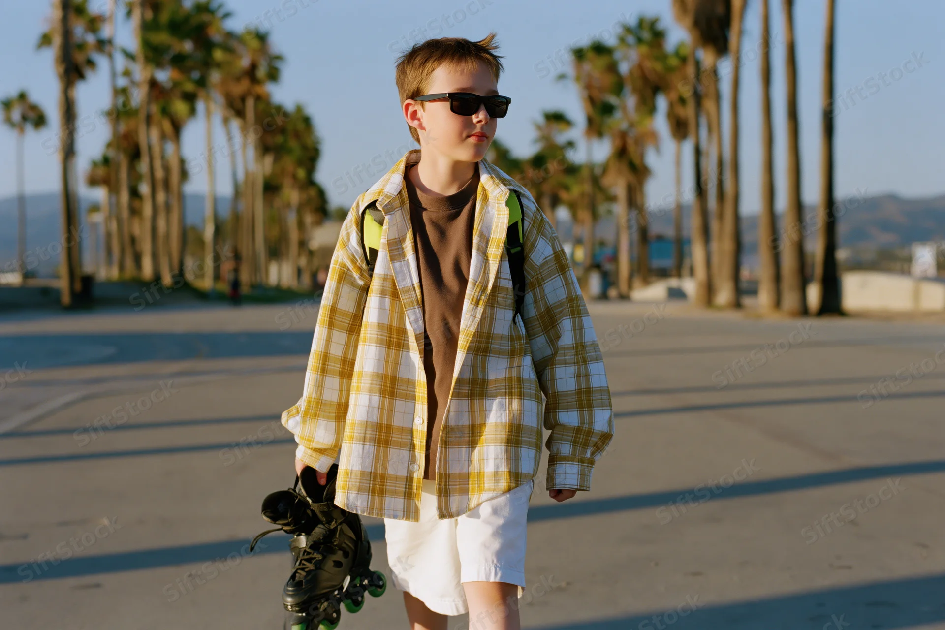Young boy walking on sidewalk holding roller skates wearing sunglasses and plaid shirt