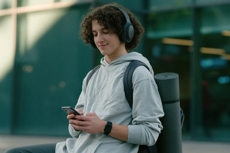 Young person with curly hair wearing headphones and hoodie, using smartphone while sitting outdoors with yoga mat and backpack