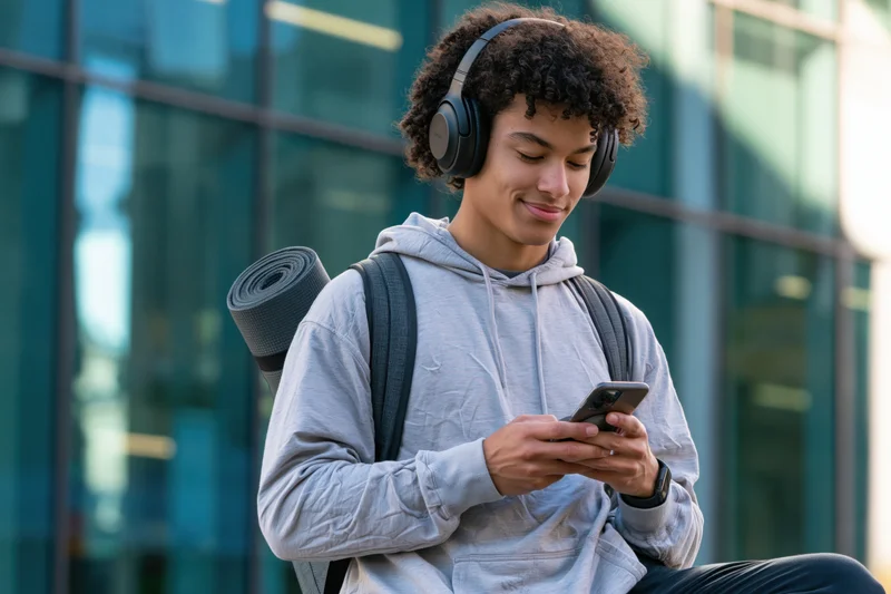 Young man sitting outdoors wearing headphones and using smartphone with yoga mat on backpack