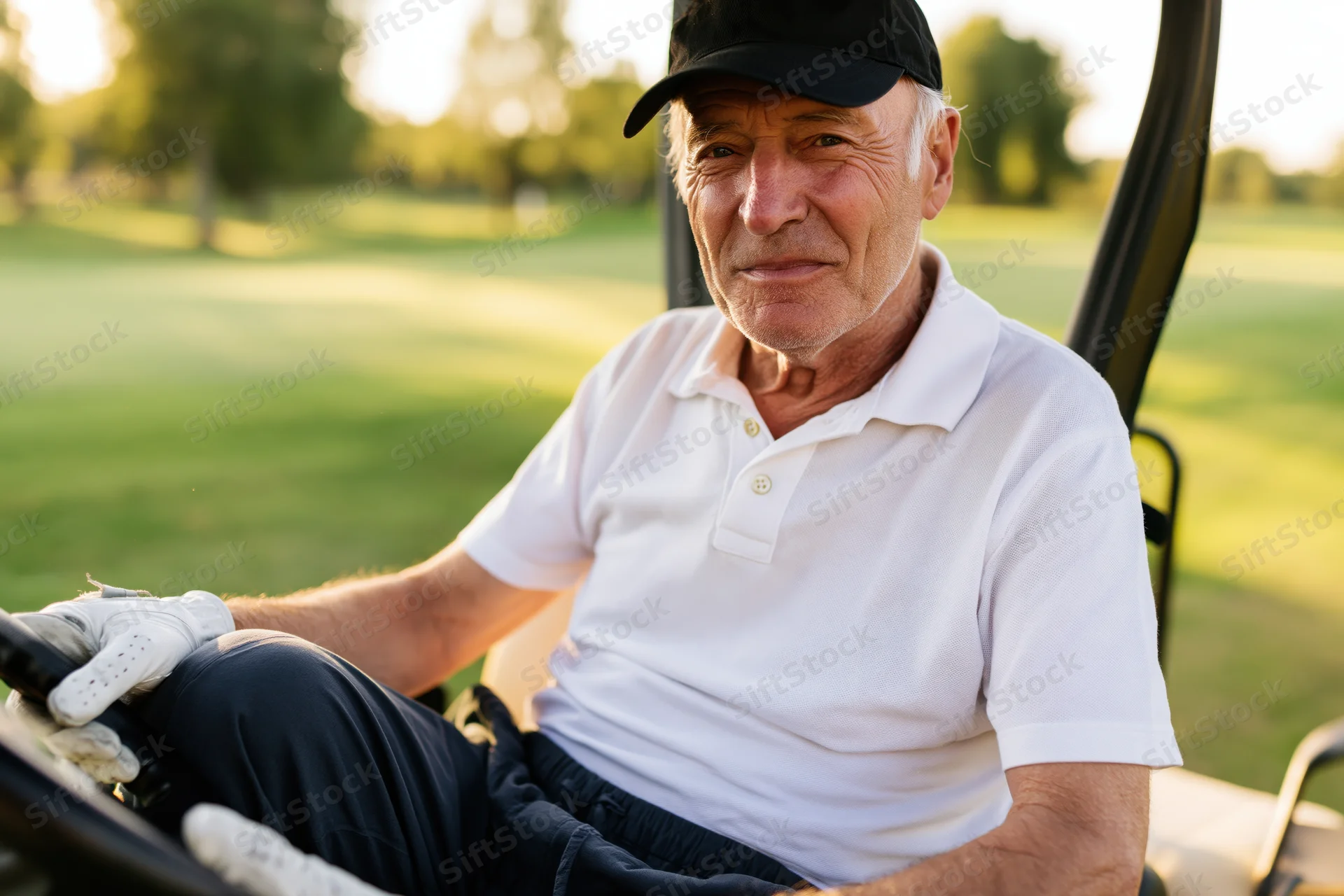 Senior man driving a golf cart on a sunlit golf course