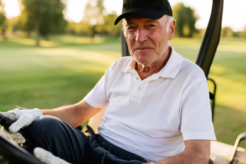 Senior man driving a golf cart on a sunlit golf course