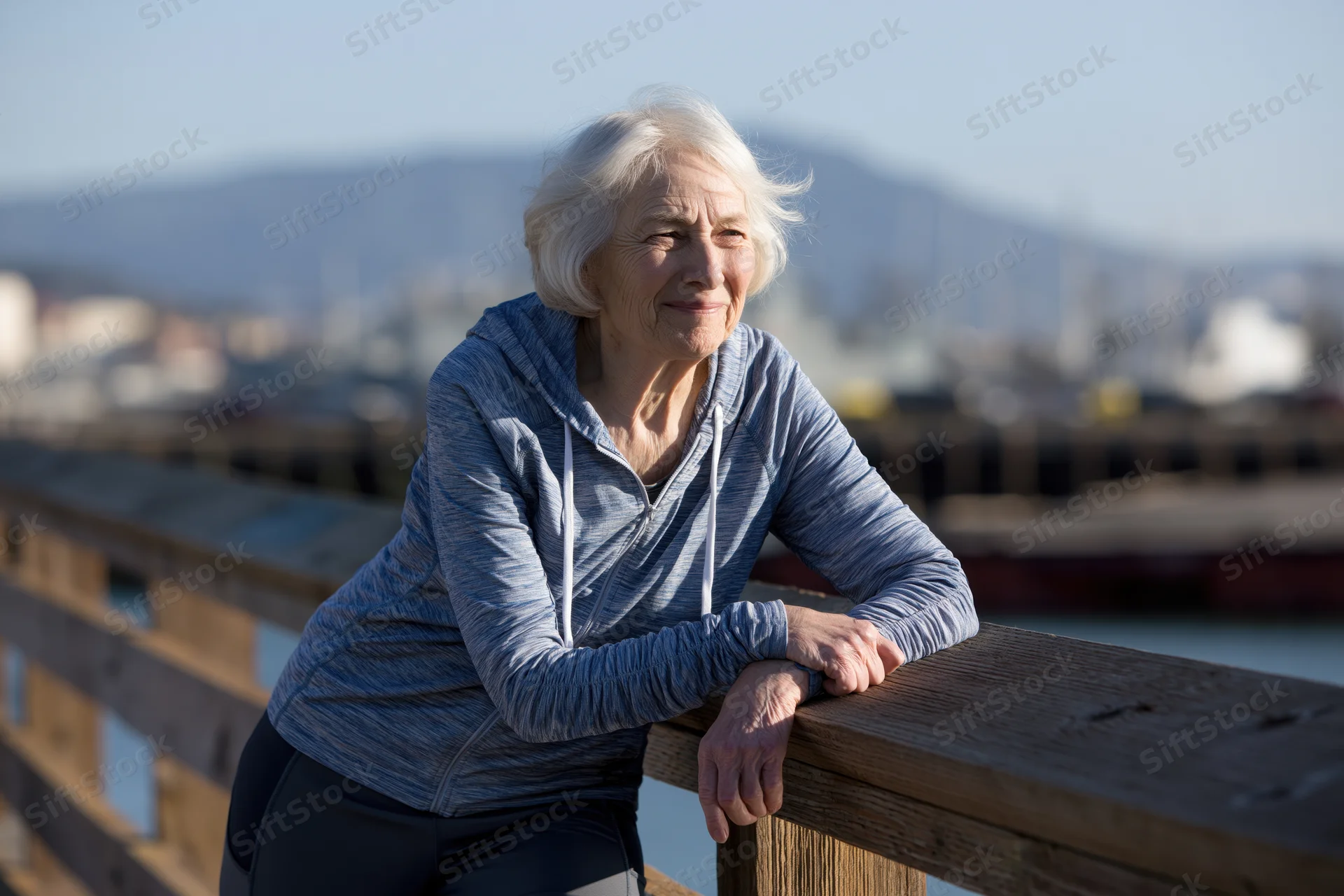 Elderly woman leaning on wooden railing by riverside bridge, smiling and relaxed in daylight