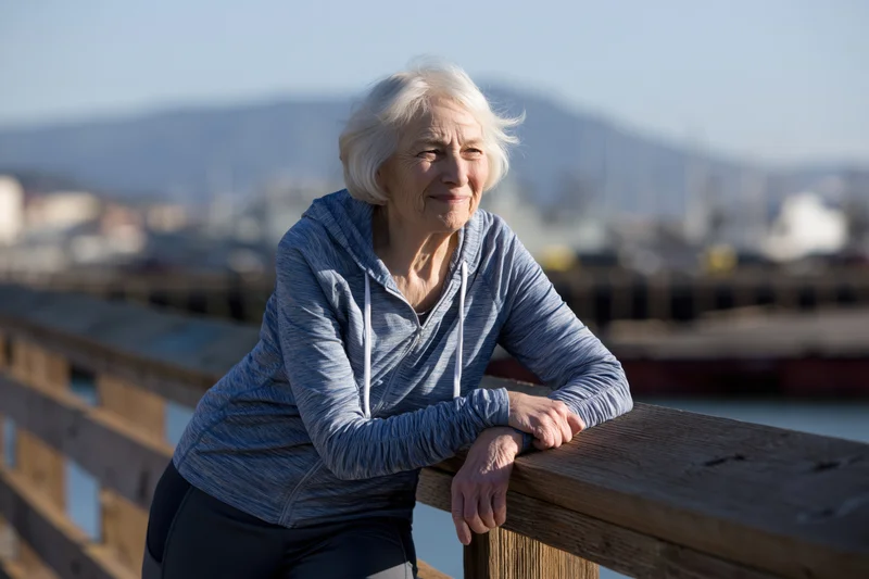 Elderly woman leaning on wooden railing by riverside bridge, smiling and relaxed in daylight
