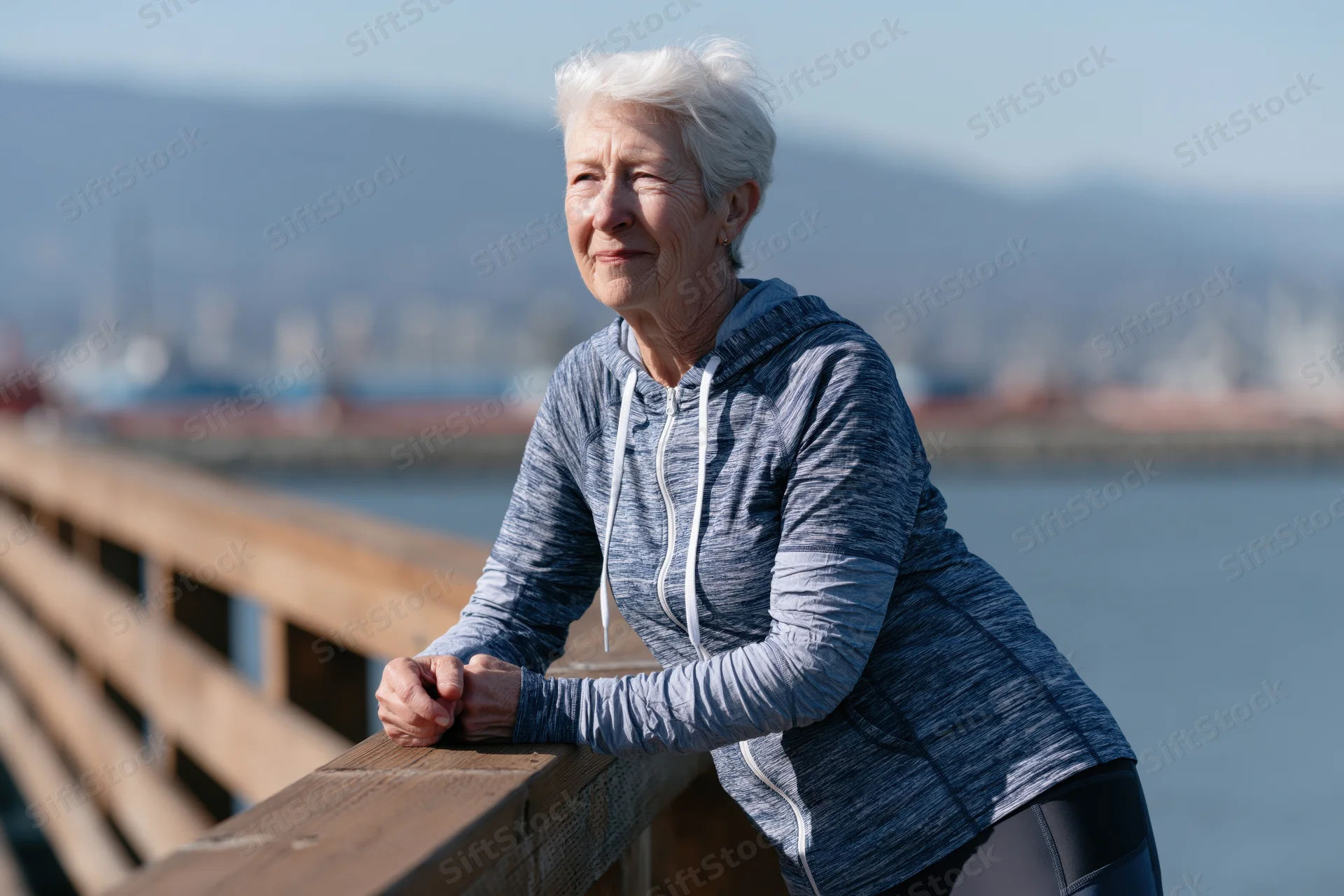 Elderly woman leaning on wooden railing by riverside bridge, smiling toward camera, city and mountains in background