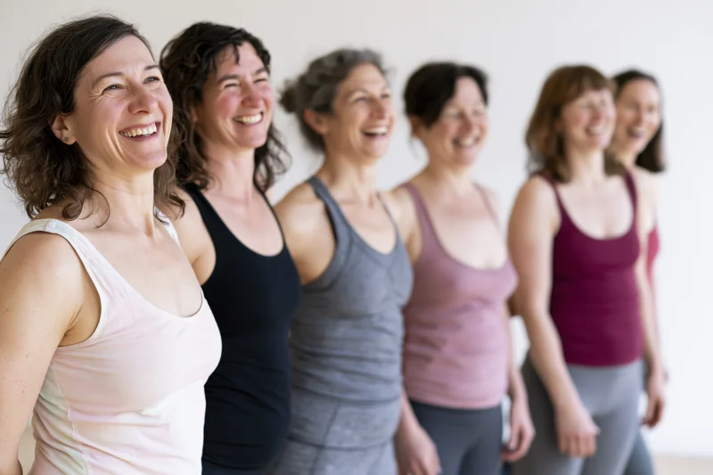 Five women laughing in a line during a fitness class in a bright studio