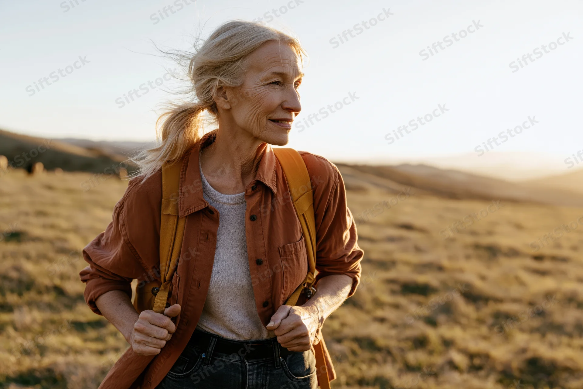 Senior woman hiking outdoors in a grassy field at golden hour, smiling with backpack on shoulders