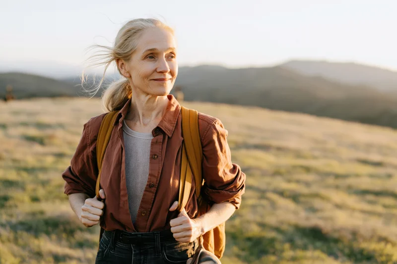 Senior woman hiking outdoors with backpack in golden hour light across open field