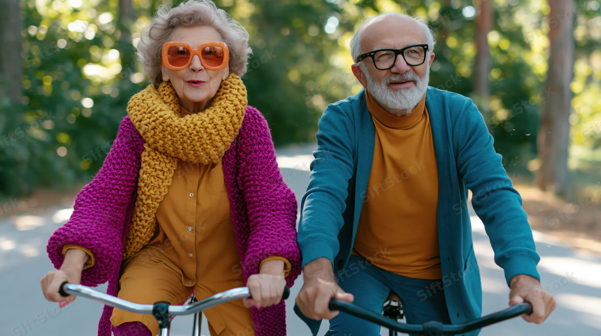 Senior couple cycling together on a tree-lined path in a park