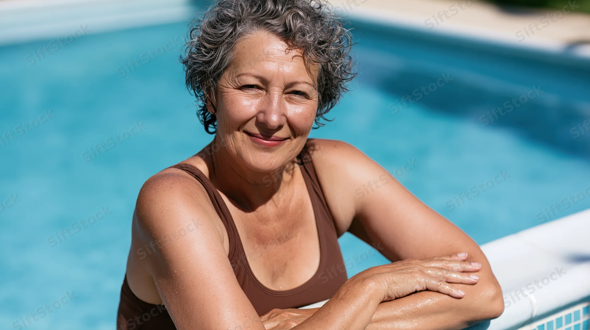 Senior woman smiling by the pool in a brown one-piece swimsuit