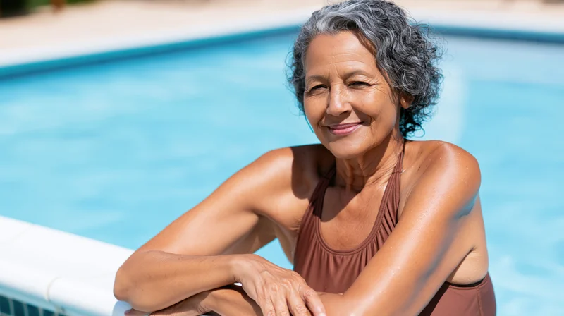 Senior woman smiling by the pool in a brown one-piece swimsuit