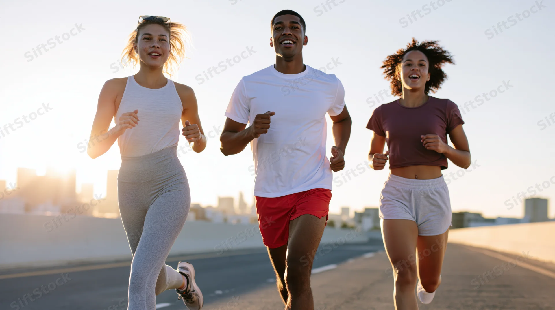 Three diverse runners jogging on an open city highway at sunrise