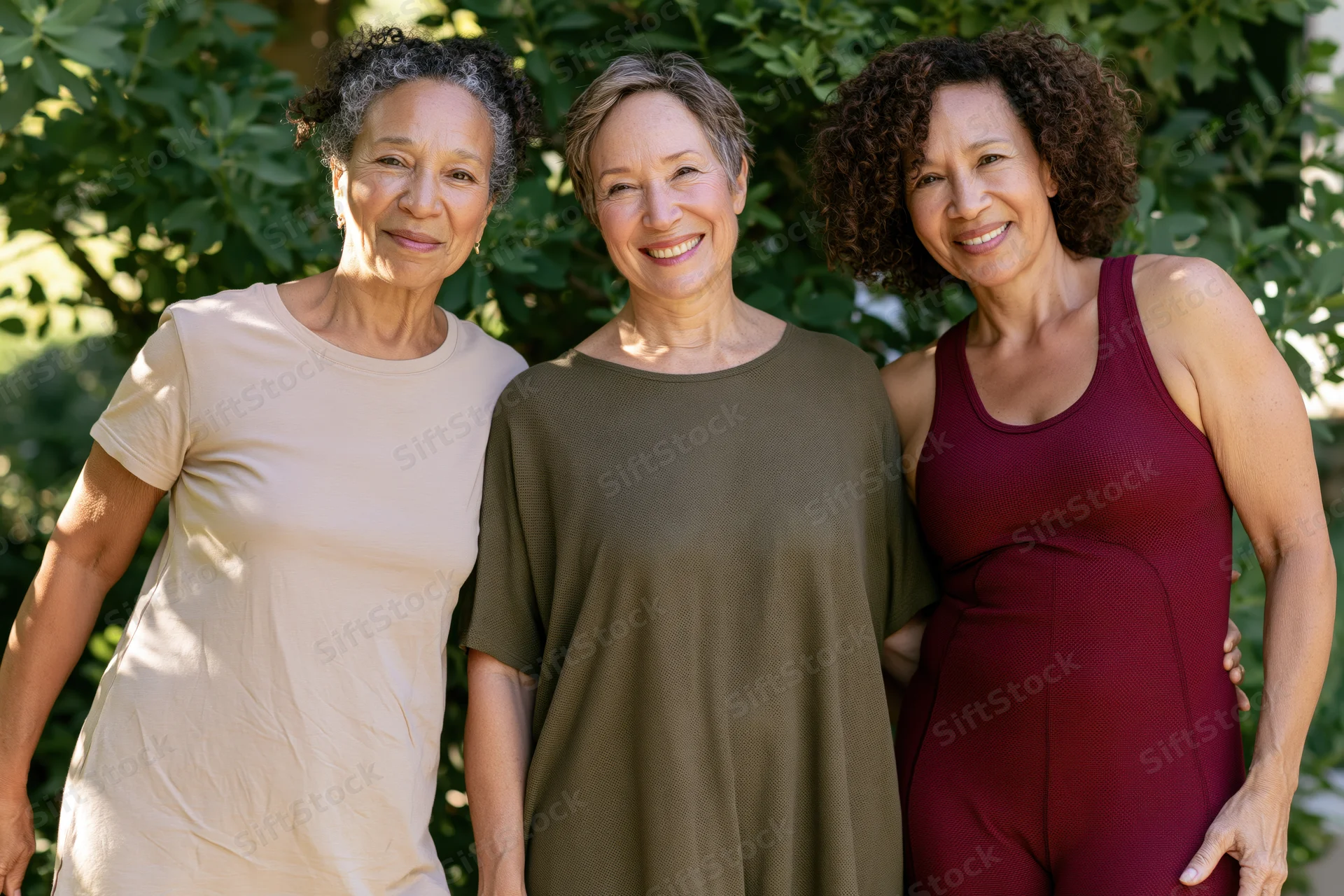 Three mature women smiling together in a sunlit garden