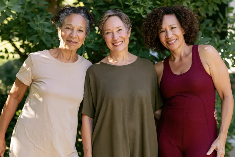 Three mature women smiling together in a sunlit garden