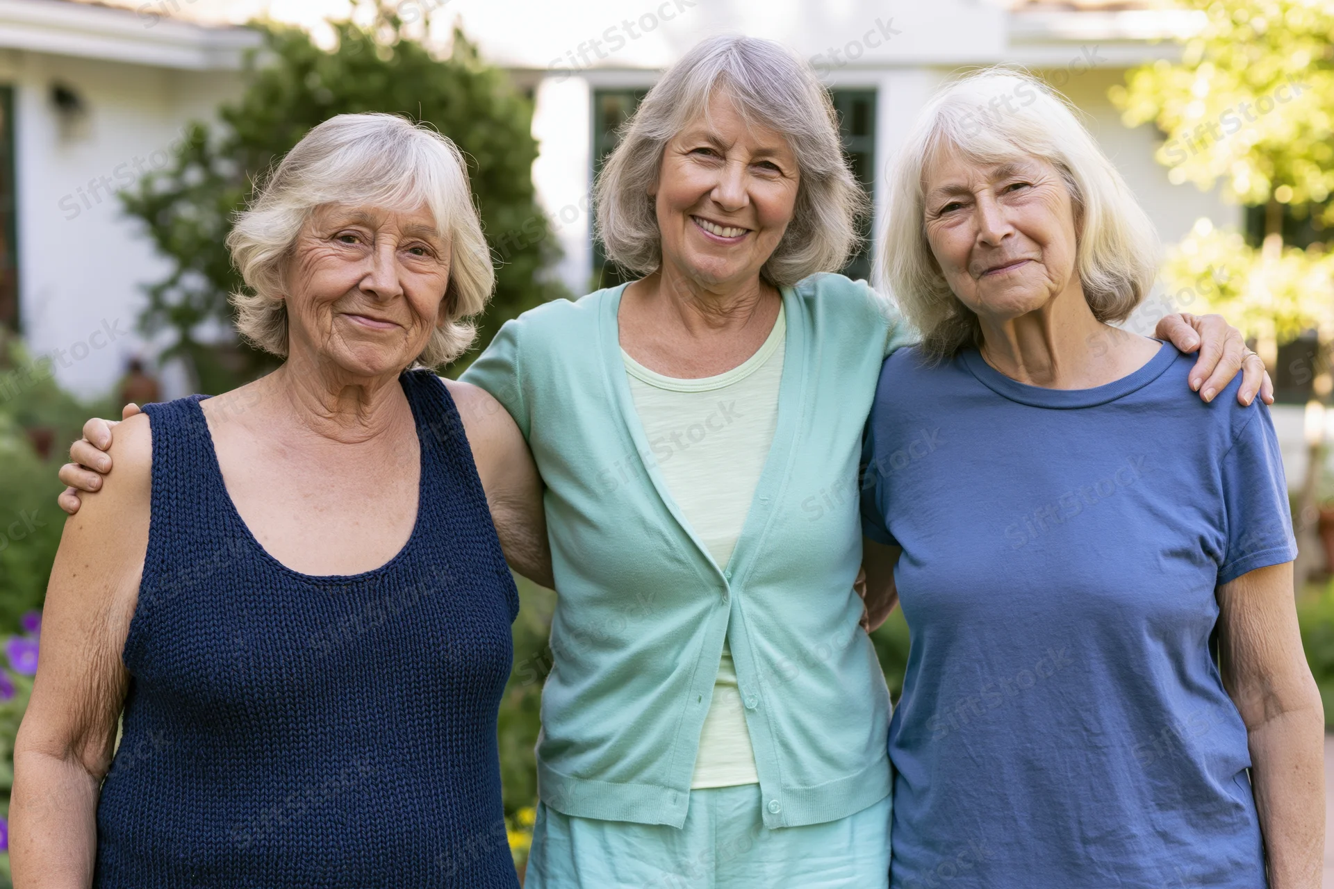 Three senior women standing shoulder to shoulder with arms around each other in a garden yard