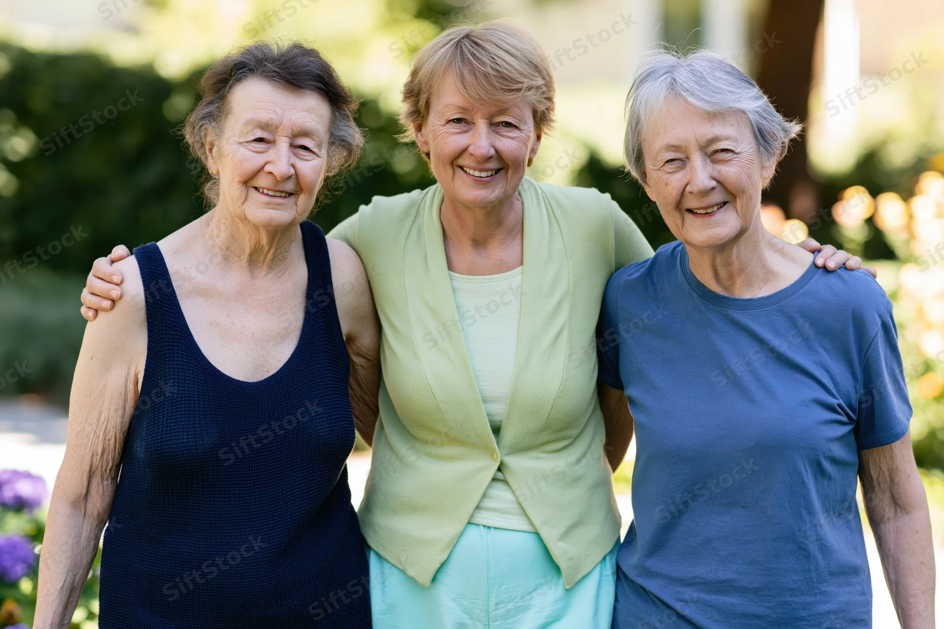 Three senior women smiling together with arms around each other in a garden