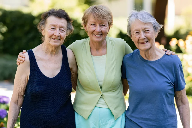 Three senior women smiling together with arms around each other in a garden