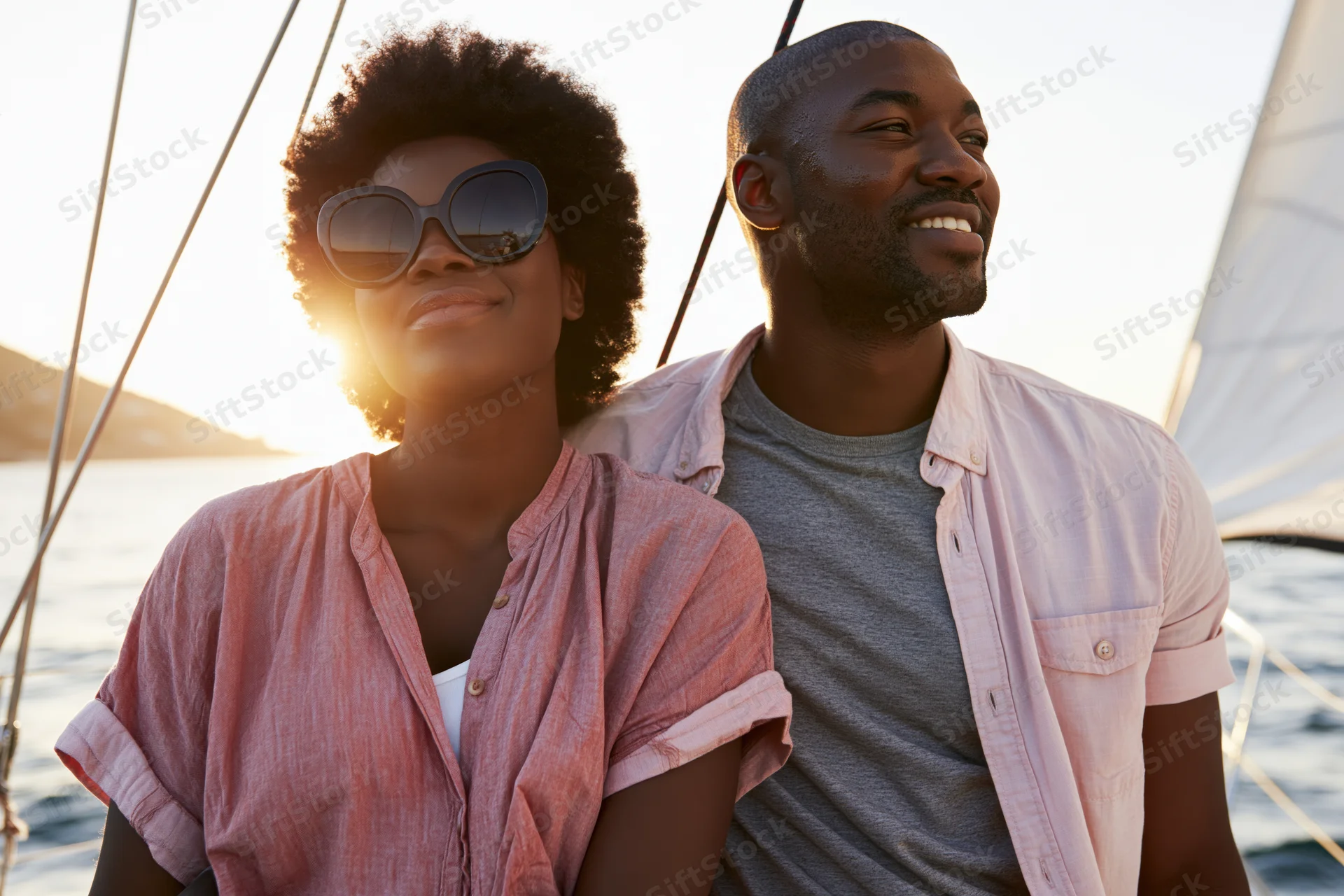 Couple smiling on sailboat at sunset over ocean