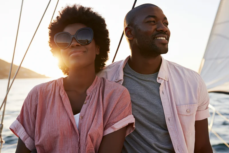 Couple smiling on sailboat at sunset over ocean
