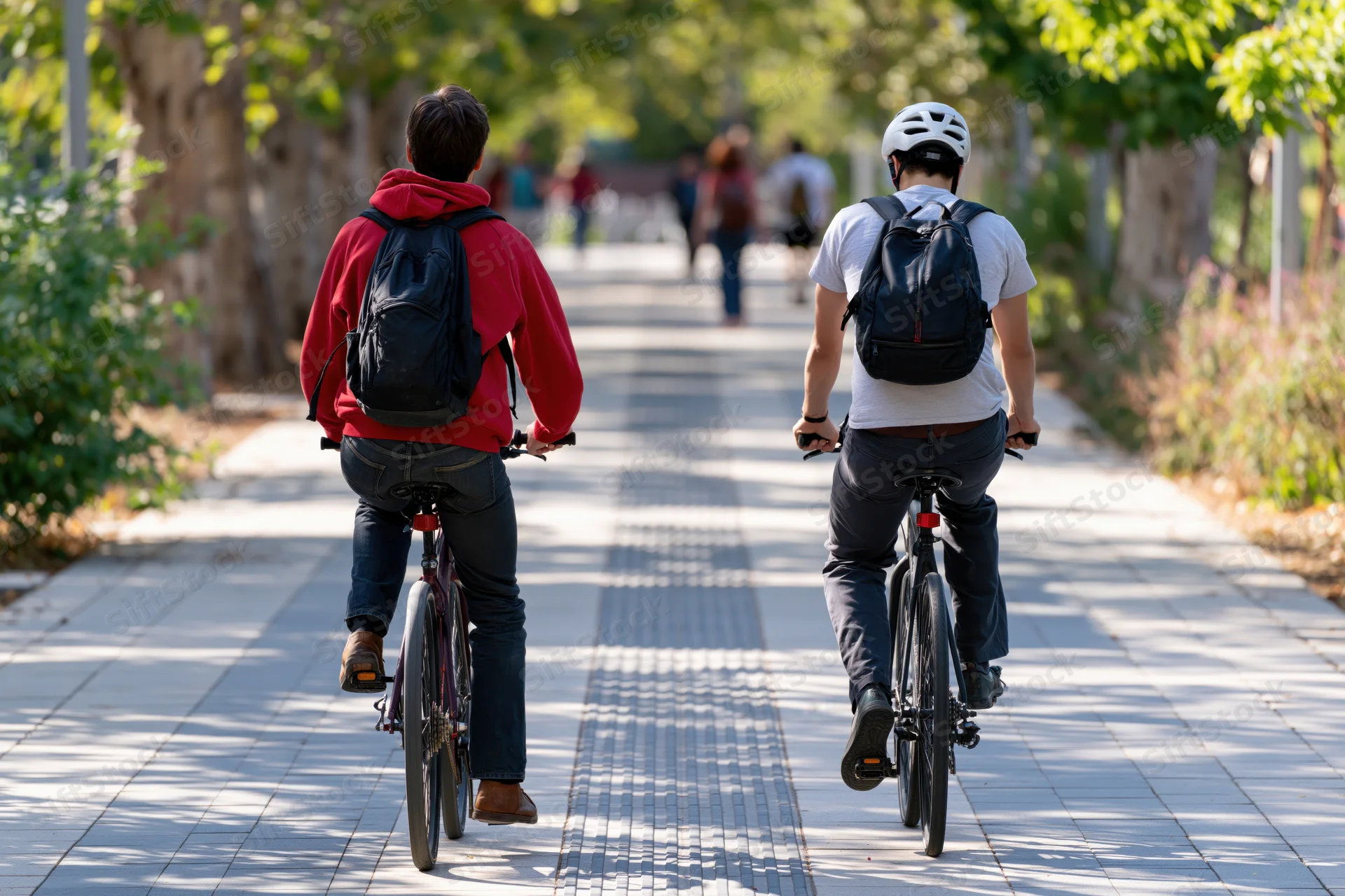 Two cyclists riding along a tree-lined urban pathway seen from behind