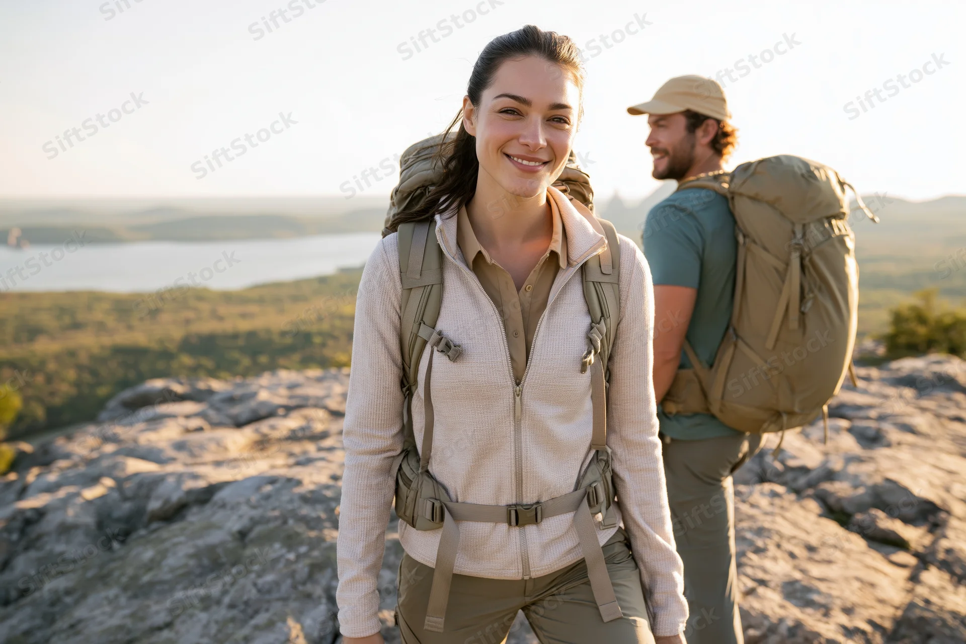 Woman smiling at camera with backpack on rocky overlook, man behind her, lake and forest in background
