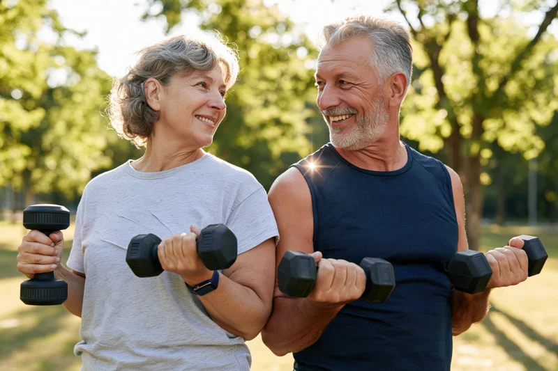 Senior couple exercising with dumbbells in a sunlit park
